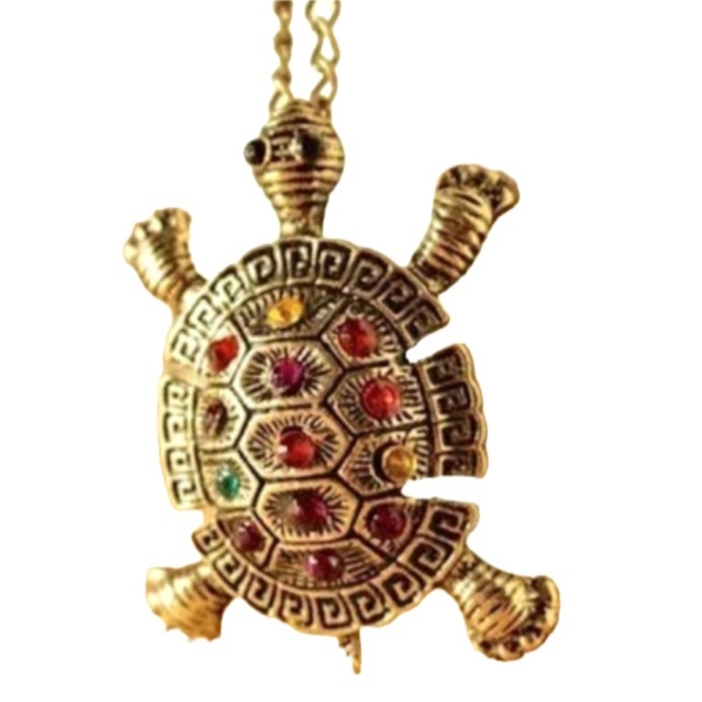 TURTLE Bronze & Colorful Rainbow Crystals Rhinestone Long Sweater Chain Necklace - Picture 2 of 9